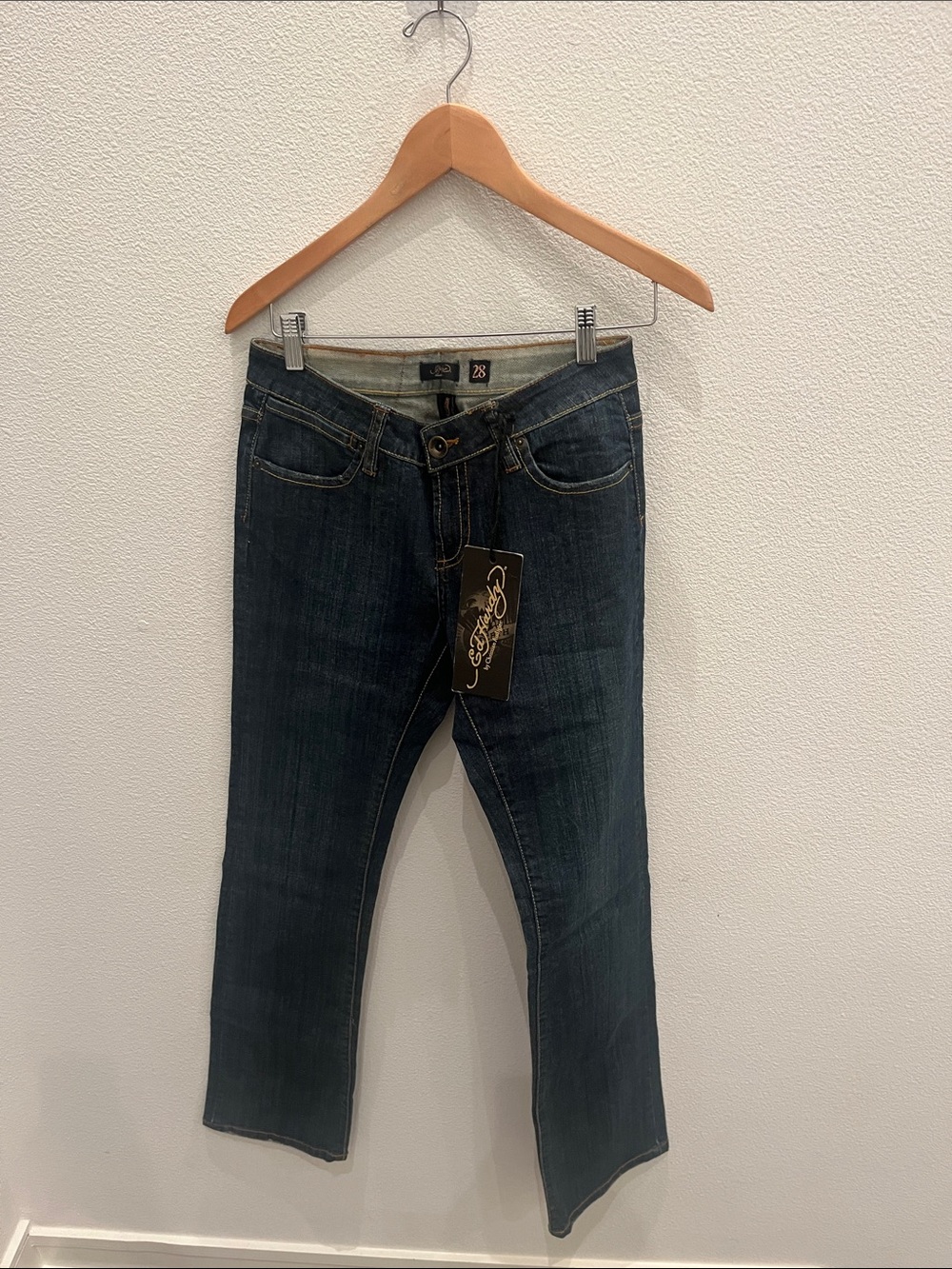 Vintage Y2K Deadstock Ed Hardy Dark Blue Slim Straight womens Jeans 28/33